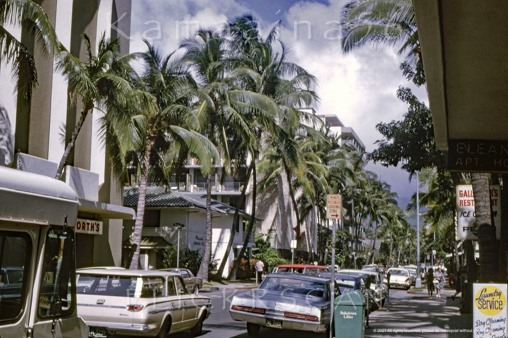 #67 Waikiki’s Royal Hawaiian Avenue looking mauka (inland) from the corner of Kalakaua Avenue, 1967