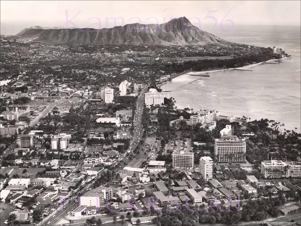 #1 Another beautifully detailed Birdseye view of Waikiki development at the end of the 1950s based on the buildings in the scene, 1960