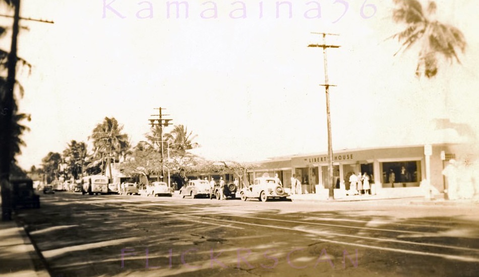 #32 Overexposed but interesting view looking more or less west at the Waikiki Theater Block on Kalakaua Avenue, 1940s