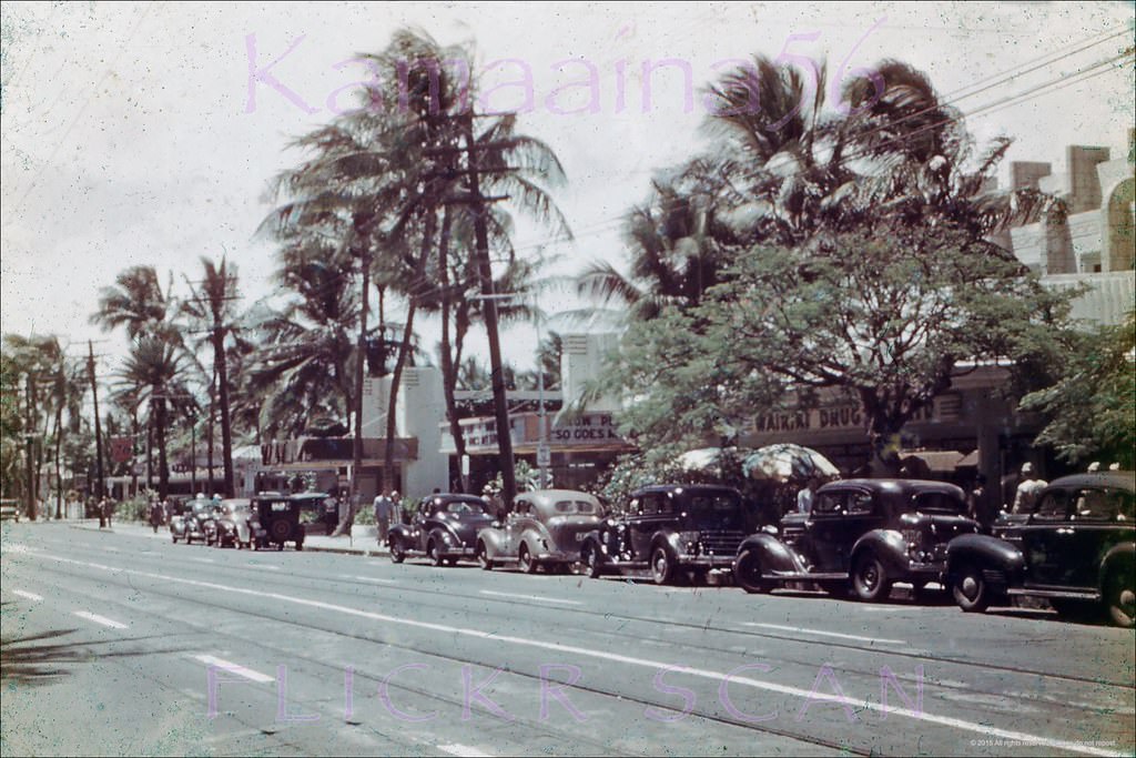 #3 Looking towards the mauka side of Kalakaua Avenue at the Waikiki Theater block, 1946