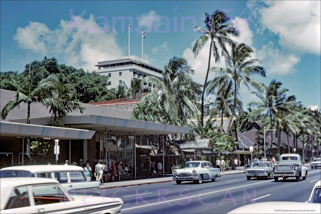 #79 Waikiki’s Kalakaua Avenue looking Diamond Head (more or less east) from around the Royal Hawaiian Shopping Arcade, 1965