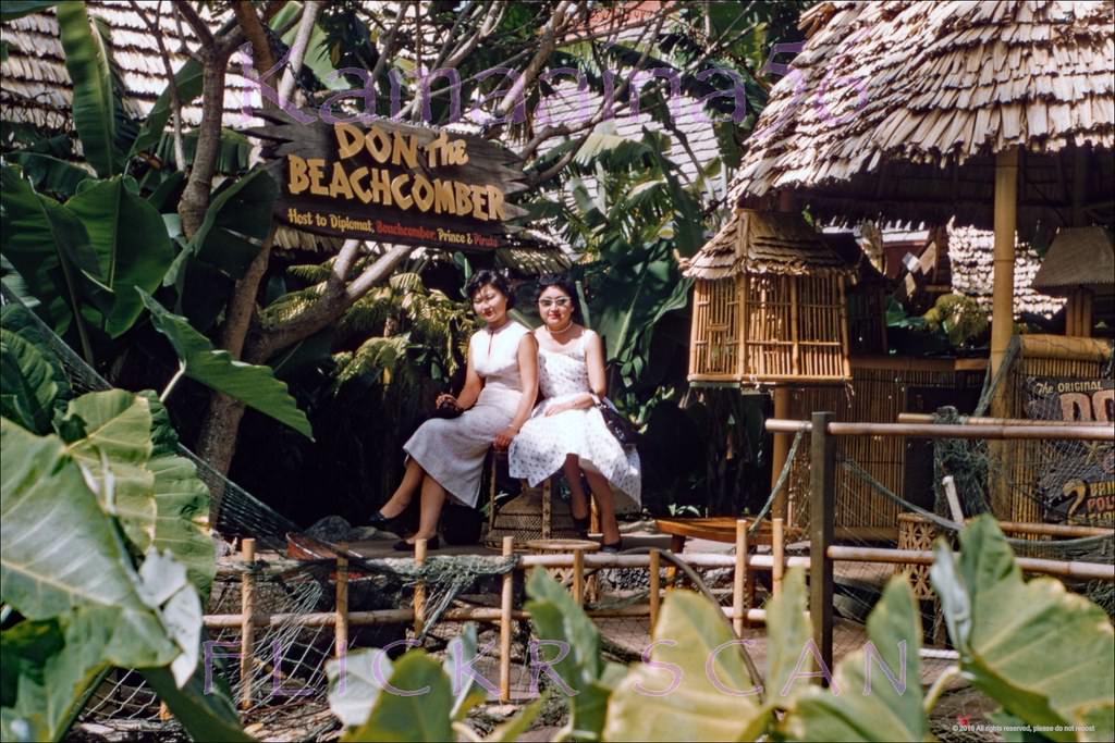 #126 Pretty ladies in front of the old Don the Beachcomber’s restaurant at the then brand-new International Market Place in Waikiki, 1957