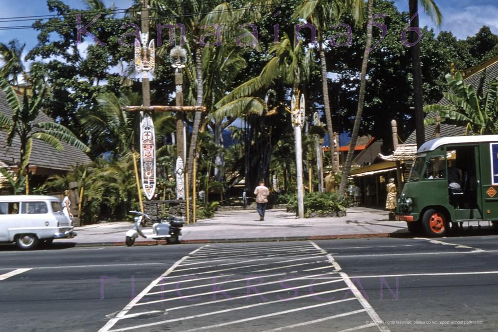 #127 The old International Market Place on the mauka (inland) side Waikiki’s Kalakaua Avenue, 1958