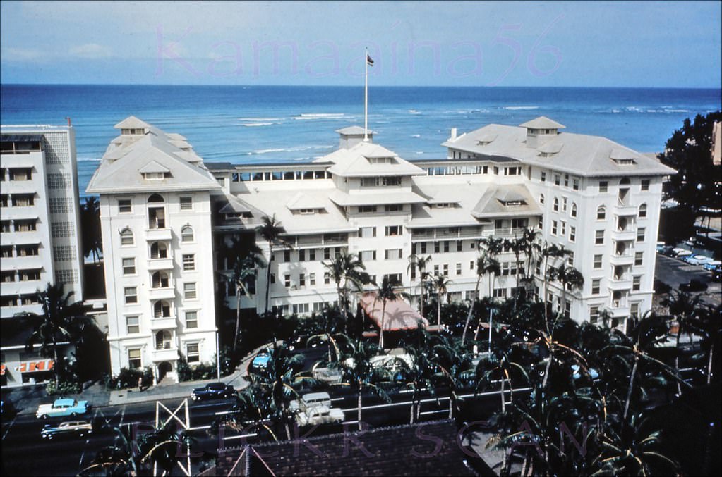 #24 The historic 1901 Moana Hotel viewed from an upper floor at the Princess Kaiulani Hotel across Waikiki’s Kalakaua Avenue, 1950s.