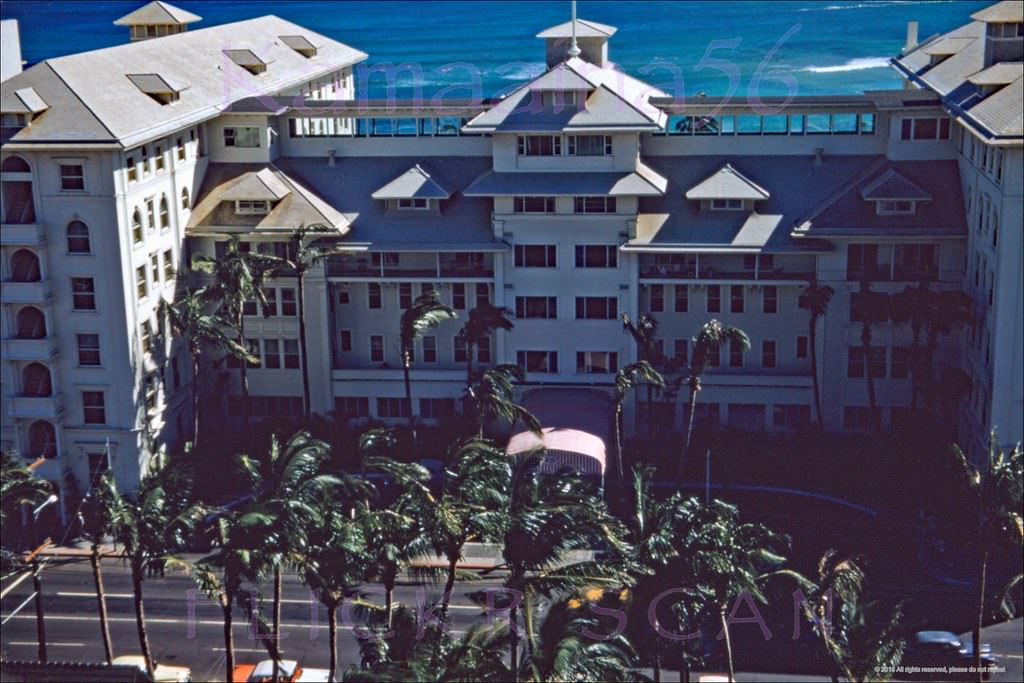 #25 Late afternoon at the 1901 Moana Hotel on Waikiki Beach viewed from the Princess Kaiulani Hotel across Kalakaua Avenue, 1957