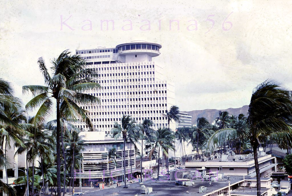 #16 Kalakaua Avenue viewed from an upper floor, probably at the 1967 Holiday Isle Hotel on Lewers Street, 1968