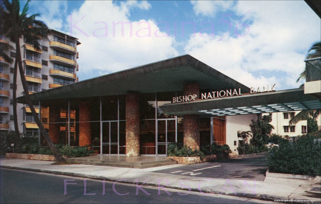 #136 Street level view of the Bishop National Bank’s Waikiki Branch on Lewers road at Kalakaua Avenue, 1950s