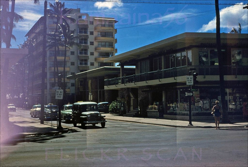 #141 Looking makai (seaward) along Lewers Street from Kalakaua Avenue in Waikiki, 1958