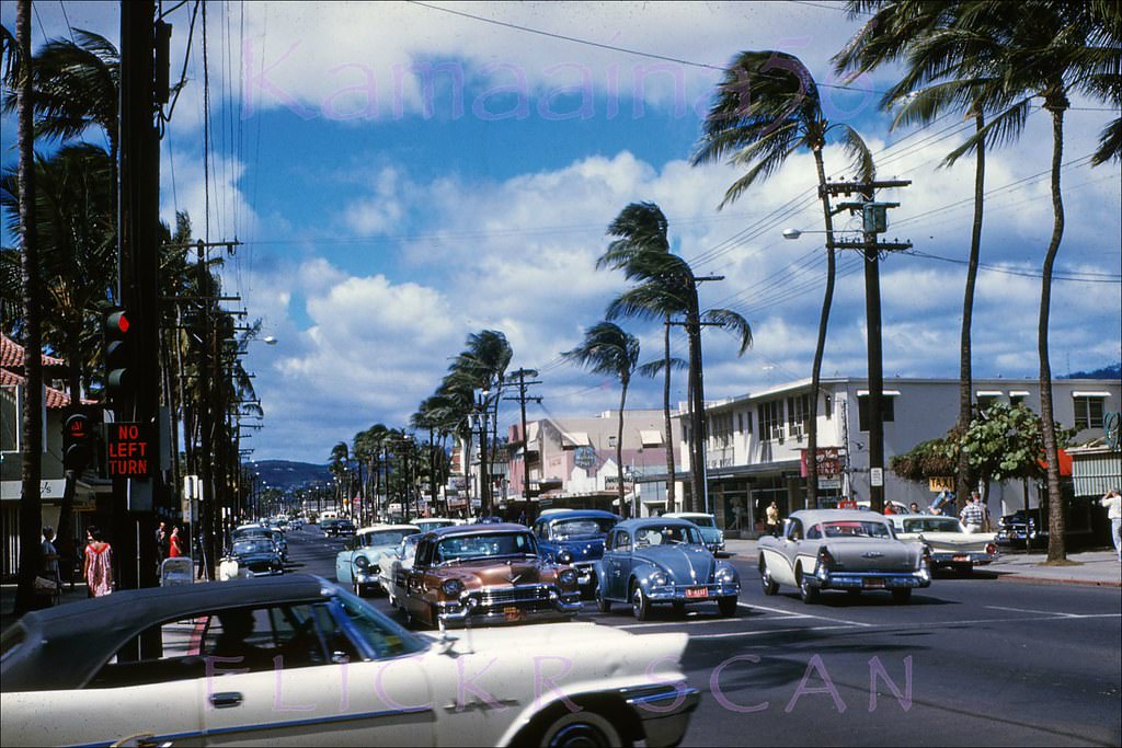 #105 Looking Ewa (more or less northwest here) along Kalakaua Avenue from the Lewers Street intersection, 1960