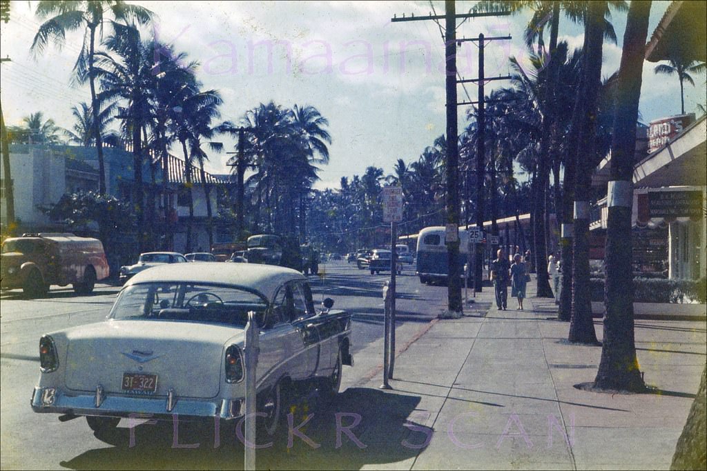 #144 Looking east along Waikiki’s Kalakaua Avenue from just west of Lewers Street, 1957.