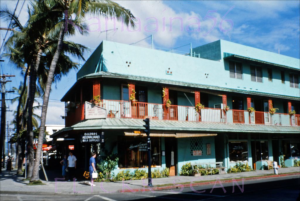 #146 Hoomalimali Hula Hut and Record Bar, located on the NW corner of Kalakaua and Lewers in Waikiki according to their ad in the Paradise of the Pacific Holiday Annual, 1955.