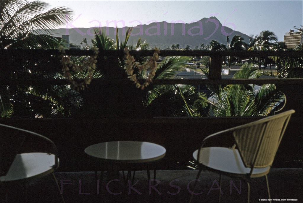 #152 Morning light looking Diamond Head from a second-floor balcony at the 6-floor Islander Hotel on Waikiki’s Kuhio Avenue at Seaside, 1959.