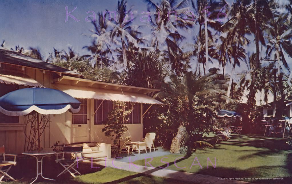 #34 The Willard Inn cottages on Lewers Road at Kalia in Waikiki. Demolished late to make way for the Edgewater Hotel, 1940s