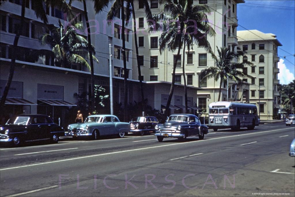 #28 Waikiki’s Kalakaua Avenue viewed from east of the Kaiulani Avenue intersection, 1953