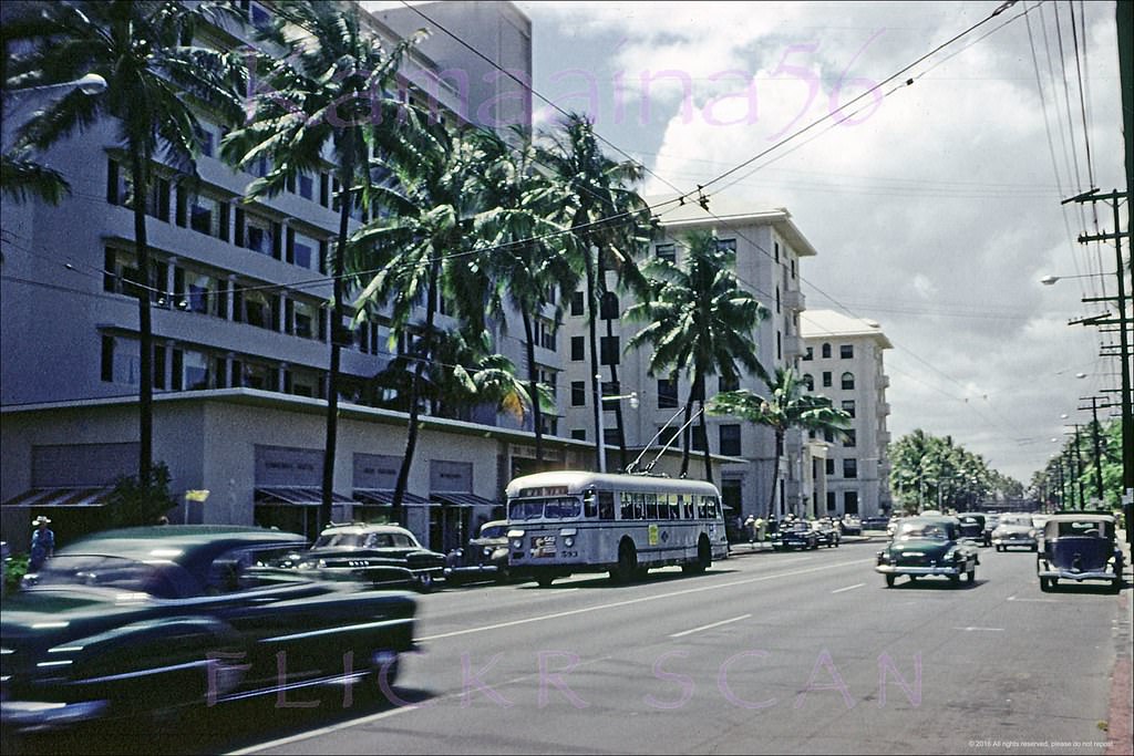 #29 Interesting Street level view along Waikiki’s Kalakaua Avenue in front of the Surfrider Hotel back when it was new, 1953