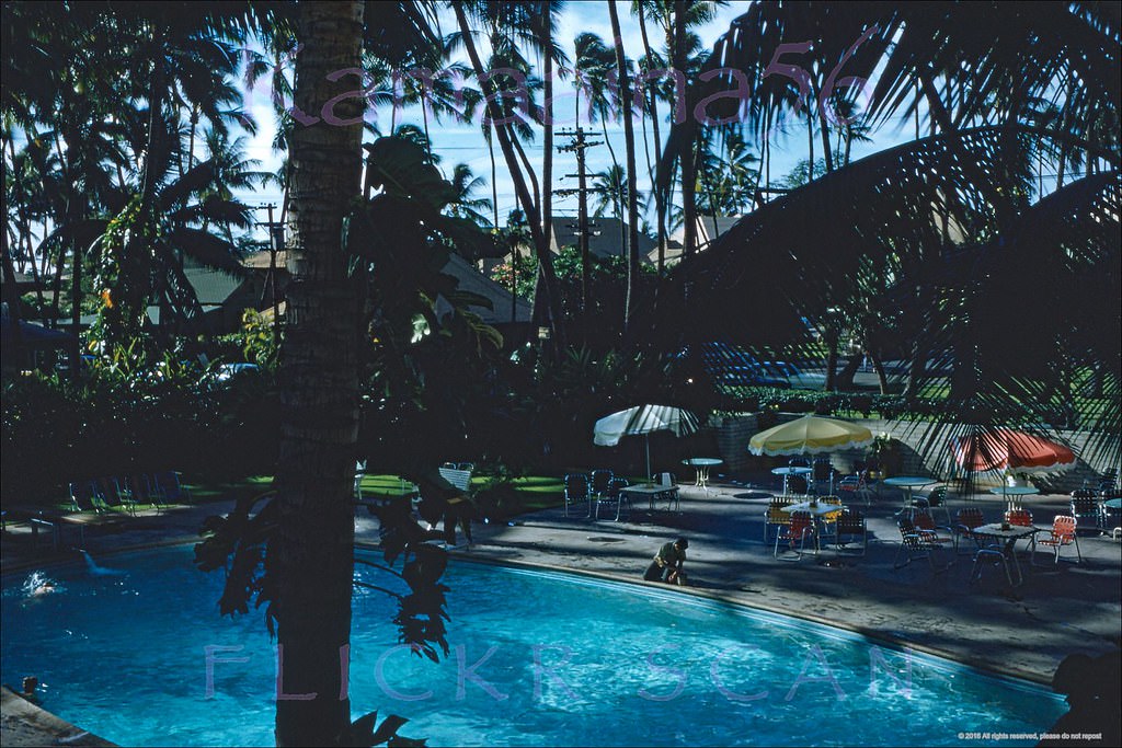 #166 The swimming pool at Waikiki’s Edgewater Hotel seen from the second-floor balcony, 1955