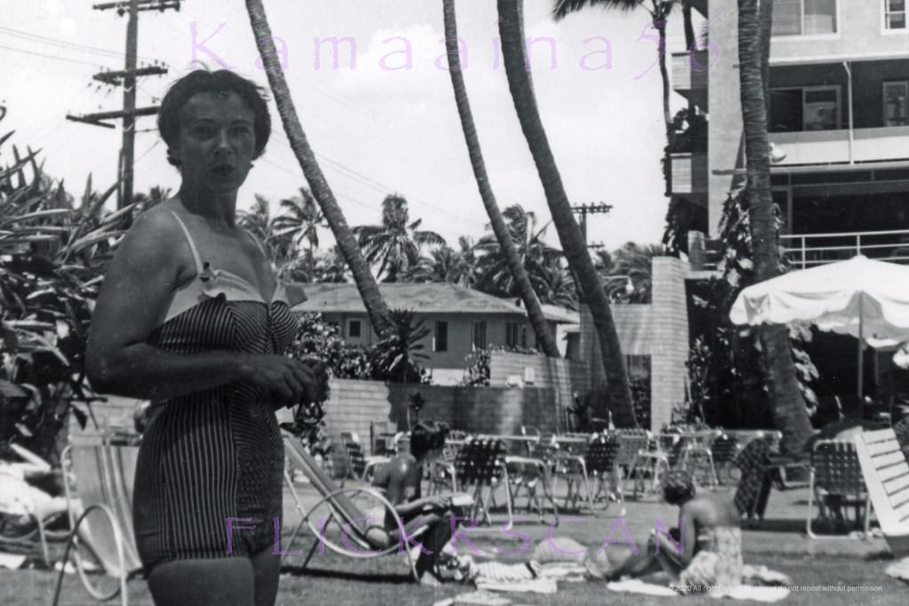 #167 Random snap taken at the Edgewater Hotel pool terrace in Waikiki, 1950s