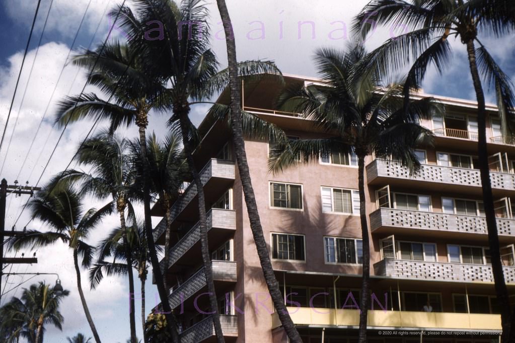 #171 Looking up at the seven floor Edgewater Hotel’s Makai wing on the corner of Waikiki’s Kalia Road and Beachwalk, 1950s