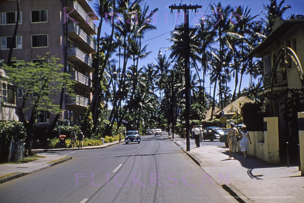 #174 Looking Diamond Head along Waikiki’s Kalia Road from the intersection with Saratoga Road (out of frame at far left), 1957