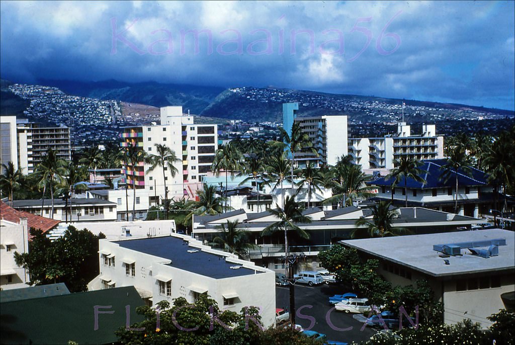 #124 View appears to be from the 9-story Waikiki Royal Hotel on Beach Walk looking towards Kalakaua Avenue in Waikiki, 1961
