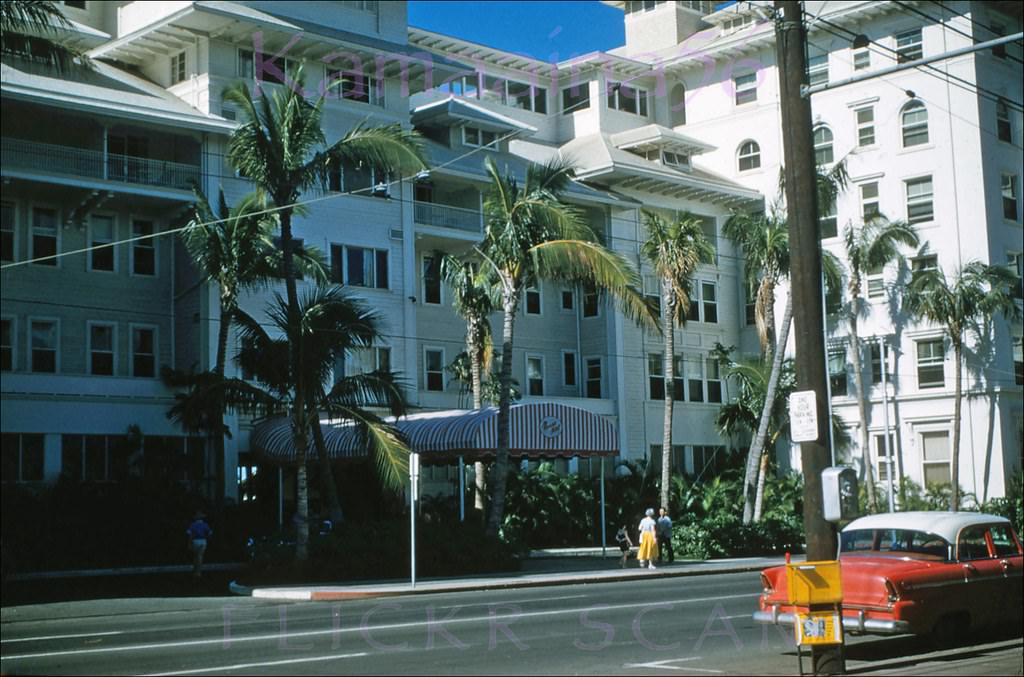 #32 Waikiki’s Kalakaua Avenue right in front of the Moana Hotel, 1956.