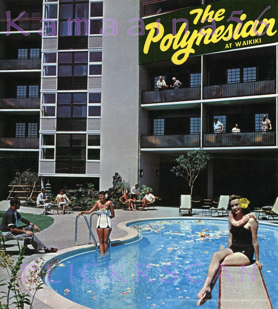 #181 Longtime Waikiki landmark, the Polynesian Hotel on the Makai (ocean) side of Kalakaua Avenue at Beach Walk, 1956