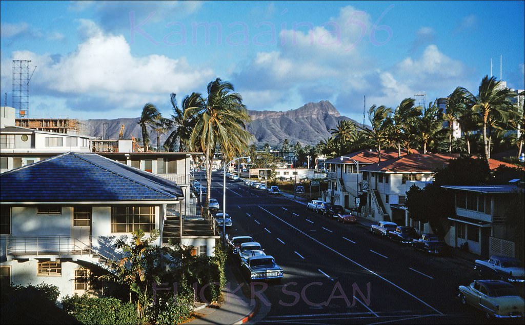#126 Looking diamond head along Kuhio Avenue from the northwest corner with Seaside Avenue, 1960