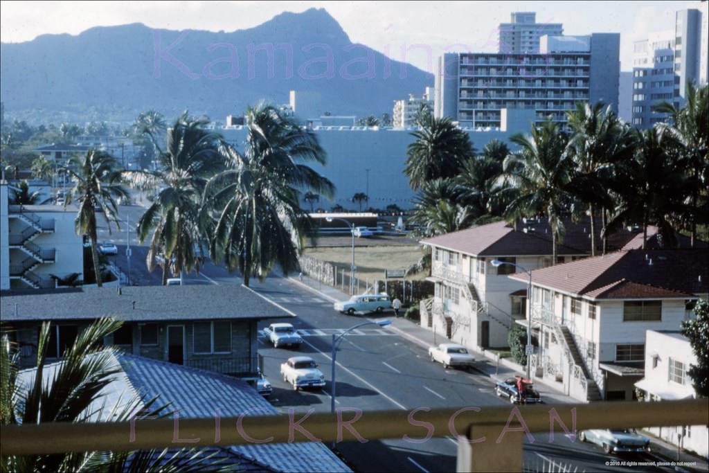 #6 Looking Diamond Head along Kuhio Avenue from the “new” Islander Hotel on the northwest corner with Seaside Avenue, 1964.