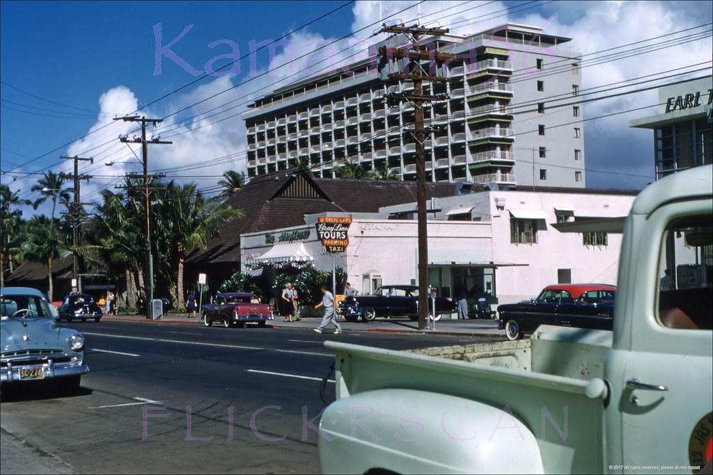 #184 Super sharp view along Waikiki’s Kalakaua Avenue near the Kaiulani Avenue instersection, 1956