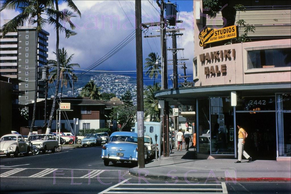 #132 Looking along Uluniu Avenue from the Waikiki Hale Hotel at the Kalakaua Avenue intersection, 1966.