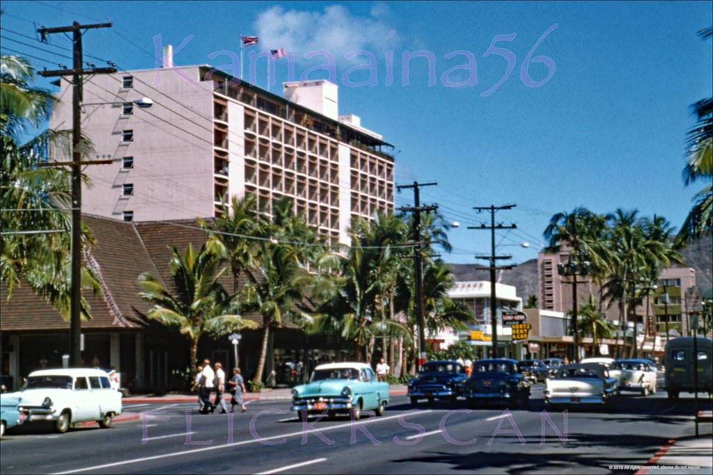 #187 The Waikiki Biltmore Hotel at the corner of Kalakaua Avenue and Kaiulani Avenue viewed from the Moana Hotel across Kalakaua, 1958