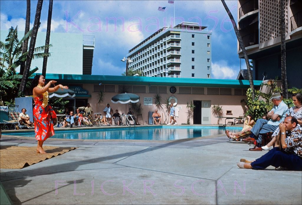 #193 Hula by the pool at the then-new Waikiki Biltmore Hotel on Kalakaua Avenue across from where the Duke Kahanamoku Statue is today, 1955
