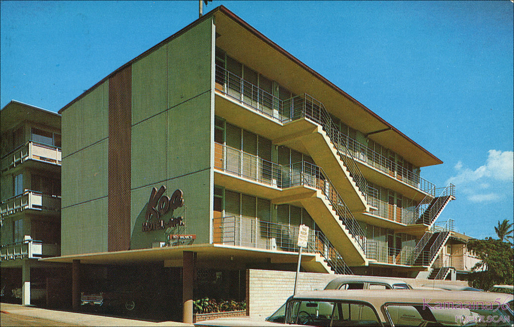 #197 Modernistic apartment building on the mauka side of Koa Avenue, behind the Waikiki Biltmore and later the Hyatt Regency, 1959