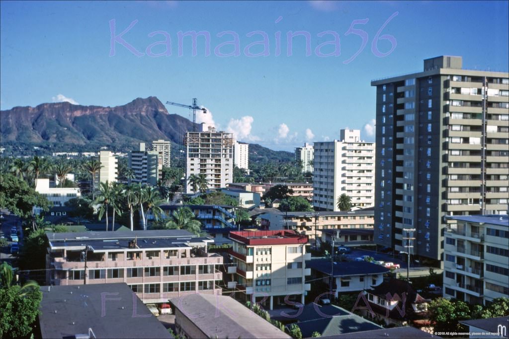 #138 View of Waikiki looking Diamond Head from an upper floor at the Aloha Surf Hotel on Kanekapolei Street at Ala Wai Blvd, 1968