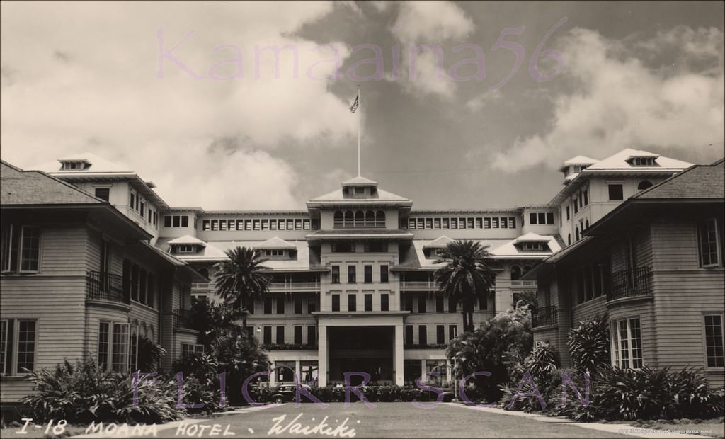 #8 Nice sharp photo of the stately Moana Hotel taken from the 1920s Moana Bungalows looking across Waikiki’s Kalakaua Avenue, 1940s