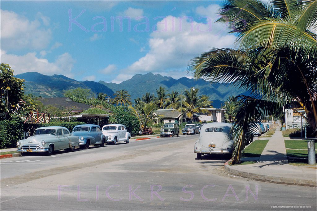#208 Looking inland from the intersection of Lewers Street and Kuhio Avenue in Waikiki, 1955