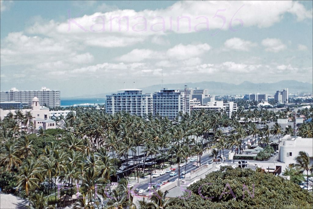 #2 Panoramic view of Waikiki looking west from the Captain Cook restaurant atop the Princess Kaiulani Hotel on Kalakaua Avenue, 1962