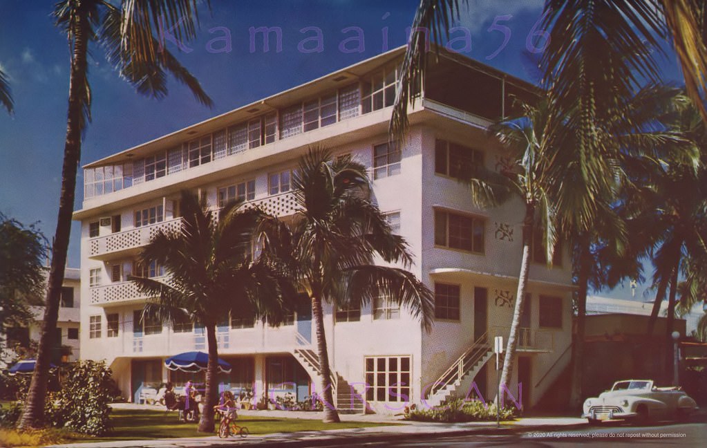 #45 Roy Kelley’s first hotel, the five story Islander at 351 Seaside Avenue, just makai of Kuhio, 1947