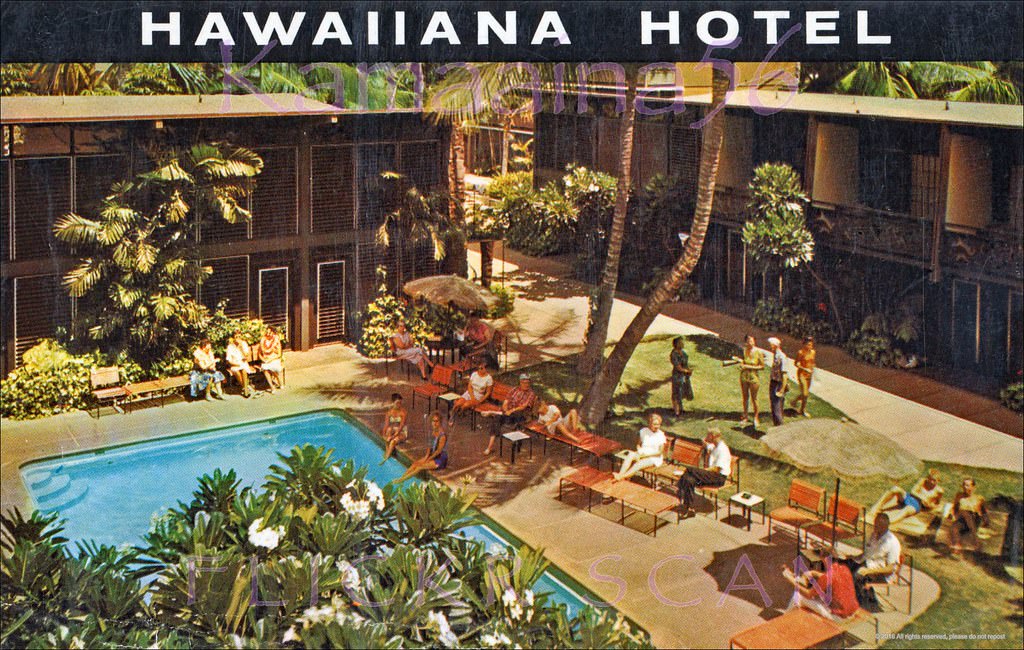 #222 Poolside at the Hawaiiana Hotel on Beach Walk in Waikiki, makai of Kalakaua Avenue next door to the Breakers Hotel, 1950s