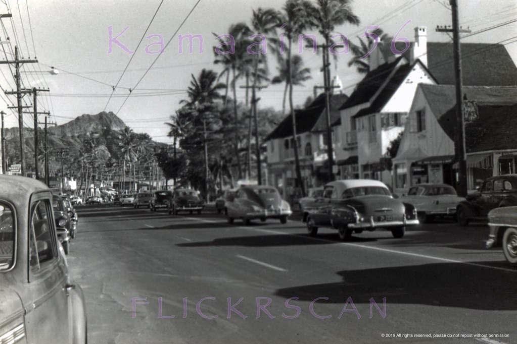 #224 Diamond Head view along Waikiki’s Kalakaua Avenue from near the Kaiulani Avenue intersection, 1950s