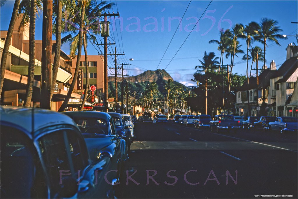 #226 Late afternoon Diamond Head view along Waikiki’s Kalakaua Avenue from in front of the Waikiki Biltmore Hotel, 1956