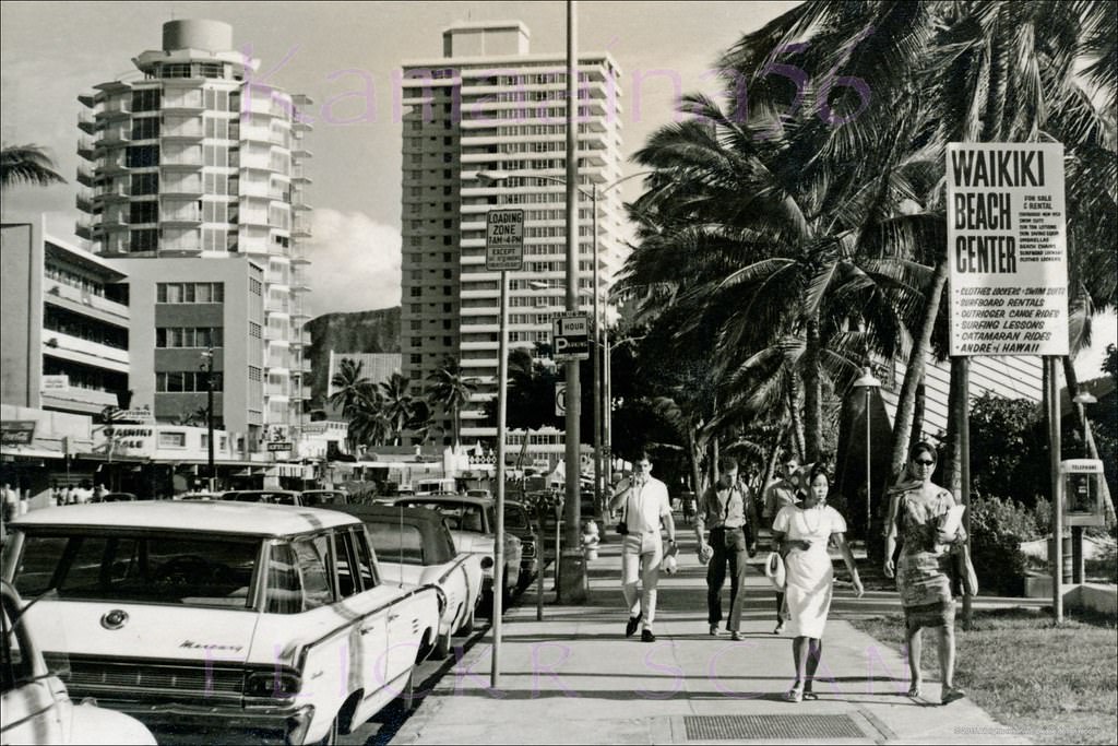 #171 Busy Kalakaua Avenue looking Diamond Head from the Waikiki Beach Center, 1960s