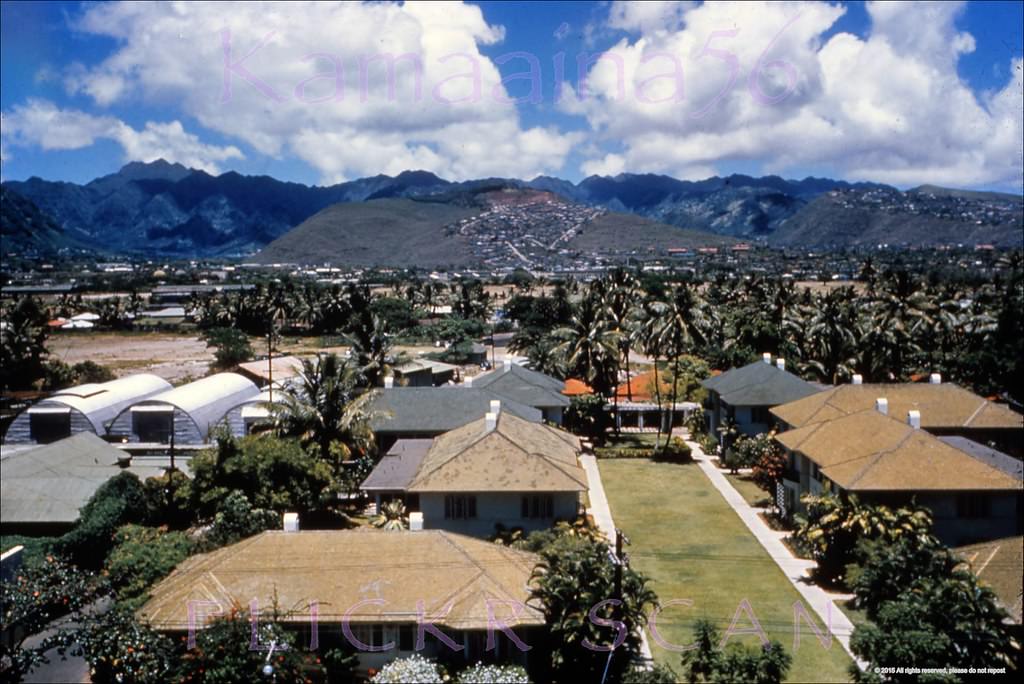 #33 The old two-story Moana Bungalows on the mauka side of Kalakaua Avenue viewed from an upper floor at the Moana Hotel, 1950s