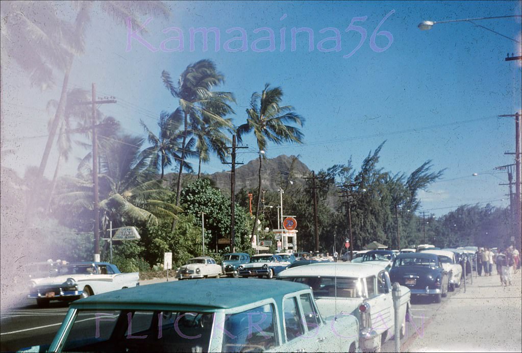 #231 Looking Diamond Head along Kalakaua Avenue towards the intersection with Kapahulu Avenue, 1958