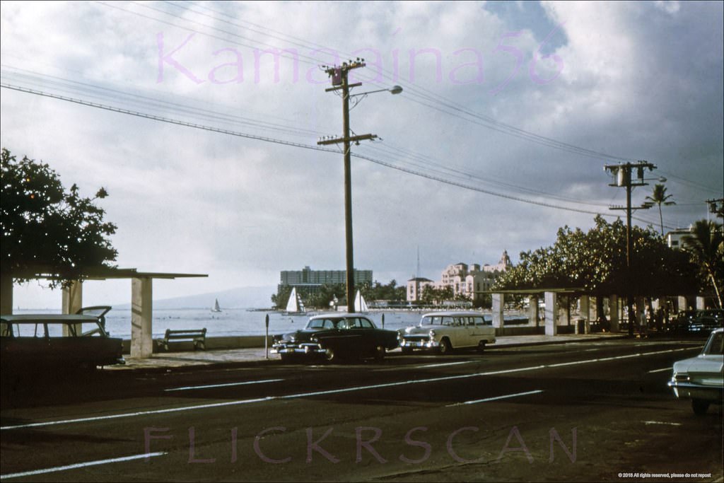 #181 Late afternoon looking Ewa (more or less west here) along Kalakaua Avenue from the Kuhio Beach section of Waikiki, 1960s