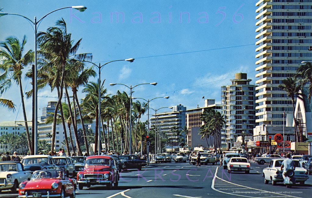 #183 The Union 76 gas station is still at the intersection of Kalakaua and Kapahulu Avenues, 1964