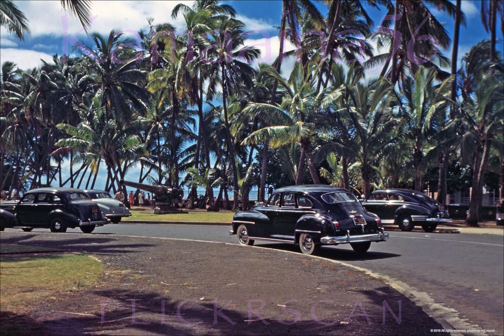 #51 One of two 7” naval cannons that used to be on the Kalakaua Avenue side of the Waikiki Natatorium, 1949