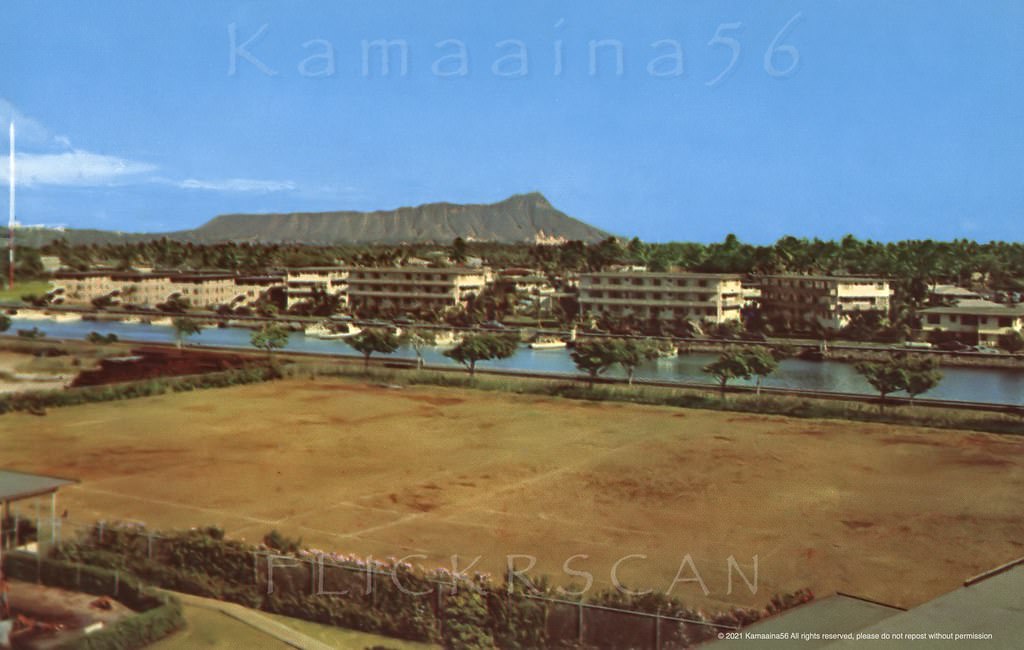 #3 The Ala Wai Terrace Apartments looking Diamond Head across the Ala Wai Canal from the Central Branch YMCA on Atkinson Drive, 1959