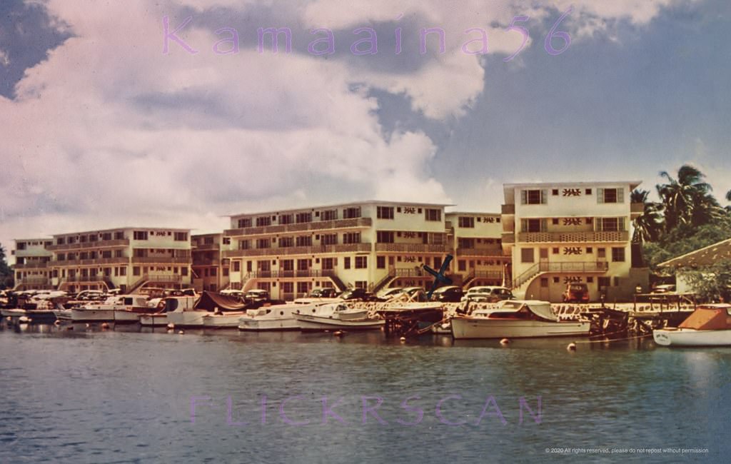 #4 Water view of hotelier Roy Kelley’s Ala Wai Terrace Hotel and Apartments on the Ala Wai Canal, 1950s