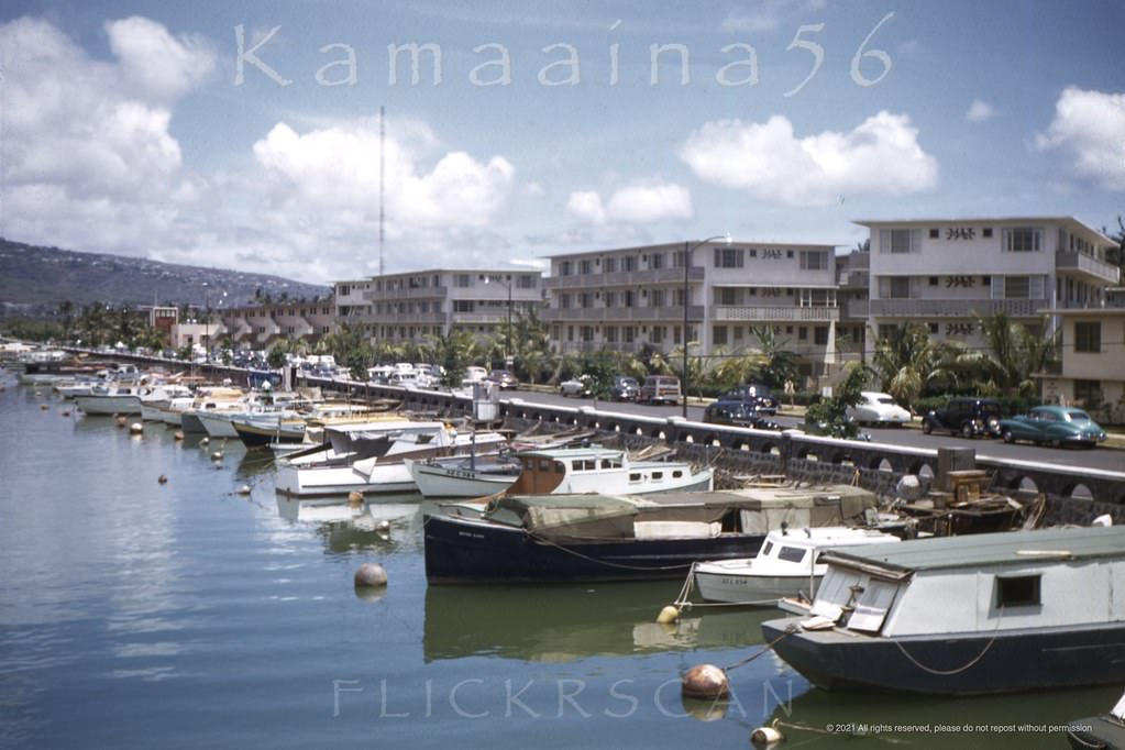 #5 Hotelier Roy Kelley’s Ala Wai Terrace Apartments back when boats that could pass under the Ala Moana Avenue Bridge were allowed to moor along the canal, 1952